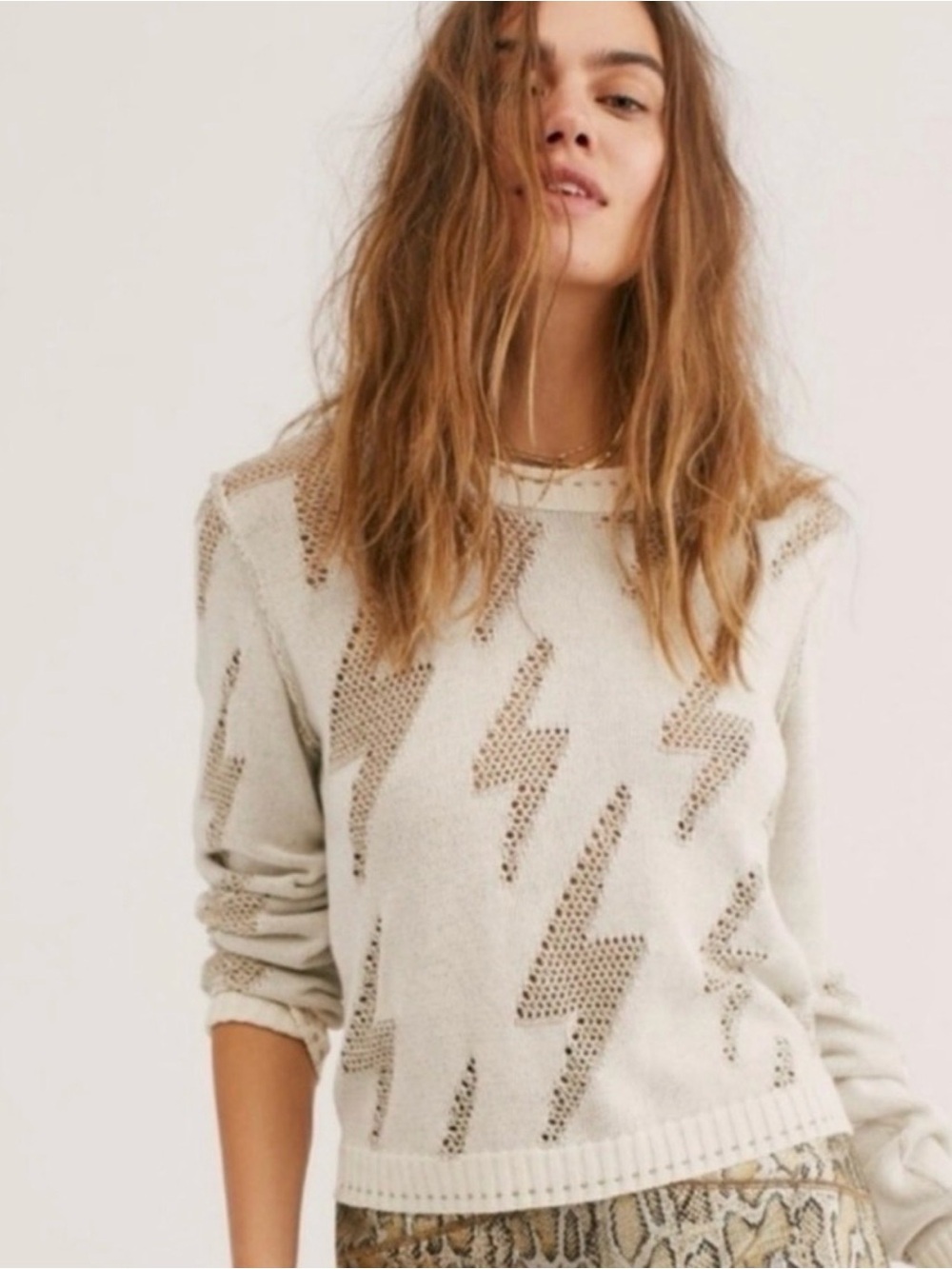 Free People Women’s Cream Lightning Bolt Knit Sweater